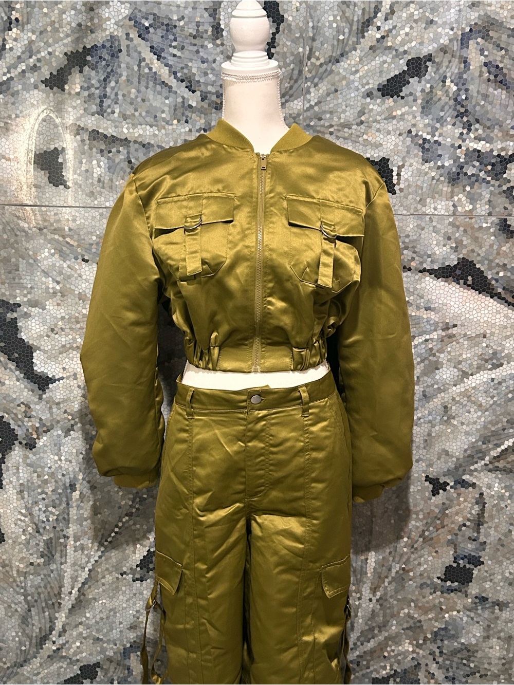 Olive Green Satin Cropped Bomber Jacket and Pants Set- Women's